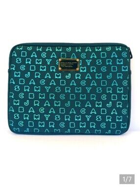 Marc Jacobs Neoprene Laptop Sleeve Teal Metallic Logo Print